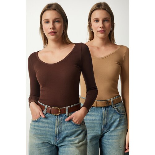 Happiness İstanbul Women's Dark Brown Biscuit V-Neck 2-Pack Knitted Blouse Slike