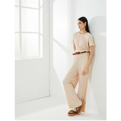 Koton Wide Leg Trousers Tied Waist Relaxed Fit Textured Pocket