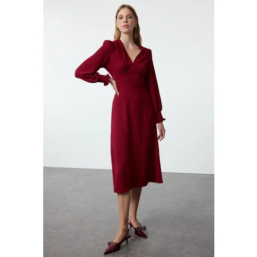 Trendyol Burgundy Waist Opening Corsage Detailed Midi Woven Dress