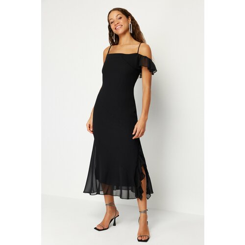 Trendyol Black Flounce Chiffon Elegant Evening Dress Slike