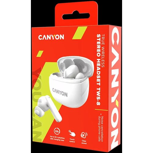 Canyon TWS-8, Bluetooth headset, with microphone, with ENC, BT V5.3 BT V5.3 JL 6976D4, Frequence Response:20Hz-20kHz, battery EarBud 40mAh*2+Charging Case 470mAh, type-C cable length 0.24m, Size: 59*48.8*25.5mm, 0.041kg, white Cijene