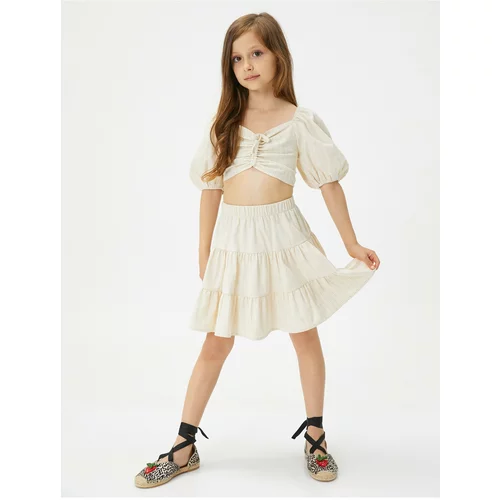 Koton Cotton Crop Top With Balloon Sleeves U-Neck Gathering Front