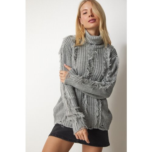 Women's Gray Knitwear Sweater with Tassels And Torn Detail Slike