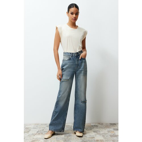 Trendyol Blue More Sustainable Ripped High Waist Wide Leg Jeans Cene