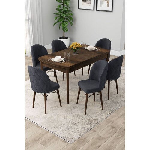 Hanah home trpezarijski set Rut, sto na razvlačenje i 6 stolica, ploča u dekoru drveta Baroque, antracit tkanina Babyface Cene