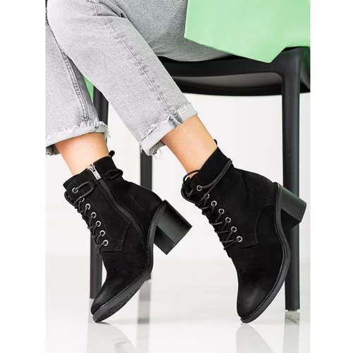 SHELOVET Black women's lace-up ankle boots made of ecological suede