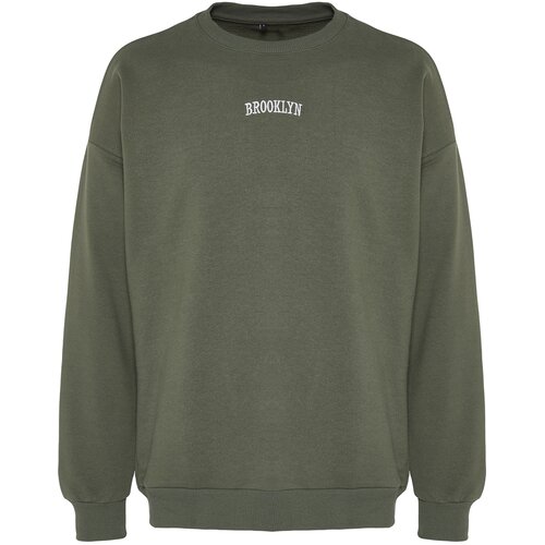 Trendyol Men's Khaki Mink Oversize/Wide-Fit Brooklyn City Text Embroidery Thick Cotton Sweatshirt Slike