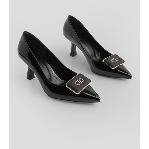 Marjin Women's Stiletto Pointed Toe Buckled Thin Heel Heel Shoes Elsem Black Patent Leather Slike