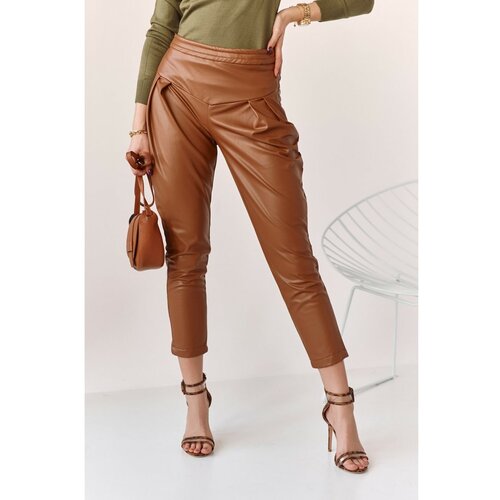 Fasardi Fashionable brown faux leather pants for women Cene
