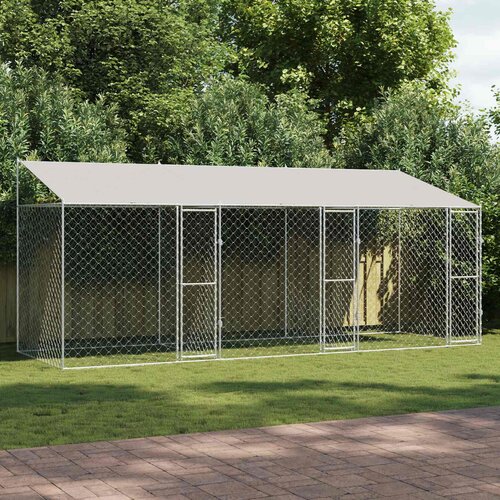  Kavez za psa s krovom Srebrno 600 x 200 x 256 cm Čelik i PE Slike