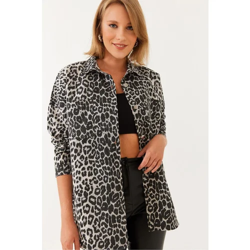 Bianco Lucci Women's Gabardine Leopard Denim Jacket