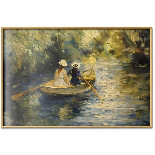  Plakat Boat crossing - painting of two women sailing a boat on a river 42x29.7 Zlatni okvir Slike