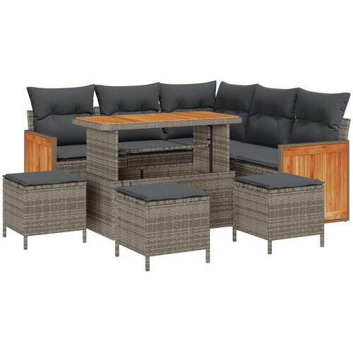vidaXL 9-dijelni vrtni sofa set s jastučićima u sivoj poli ratanu i akaciji, 2-sjedni vrtni sofa s jastučićima u sivoj poli ratanu, 4-dijelni vrtni blagovaonski set s jastučićima u sivoj poli ratanu i akaciji Cijene