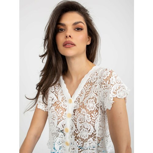 Fashion Hunters White openwork blouse with short sleeves Slike