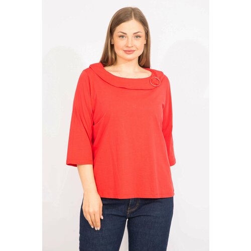 Şans Women's Red Plus Size Cotton Fabric Buckled Collar Ornamental Blouse Slike