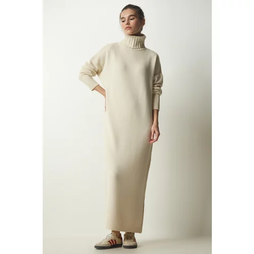 Happiness İstanbul Women's Cream Turtleneck Slit Oversize Knitwear Dress