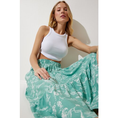 women's Water Green Floral Patterned Flounce Viscose Skirt Slike