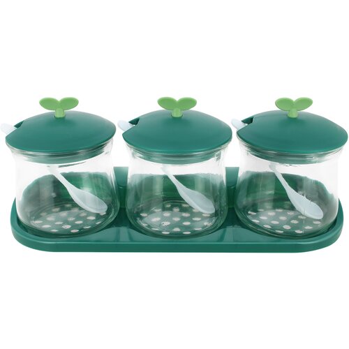 Cheffinger Set 3 steklenih za?imbnih kozarcev s pokrovi in plasti?nim stojalom, Zelena, (21553034) Cene