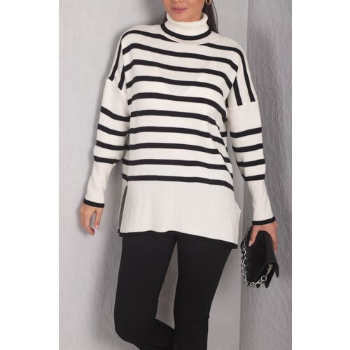 armonika Women's Ecru Turtleneck Stripe Knitwear Sweater Slike