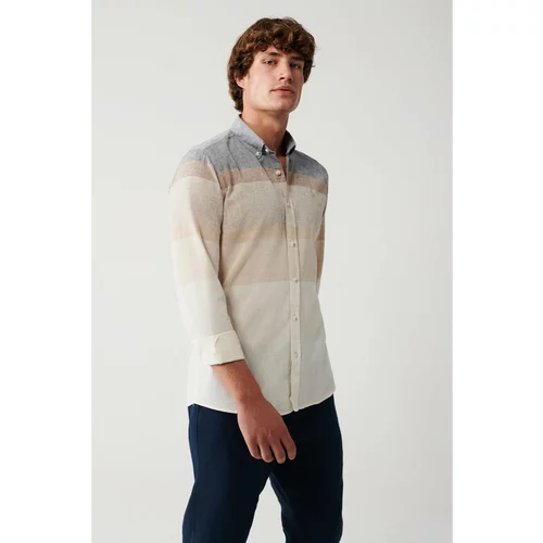 Avva Men's Gray Cotton Linen Blended Buttoned Collar Striped Slim Fit Slim Fit Shirt