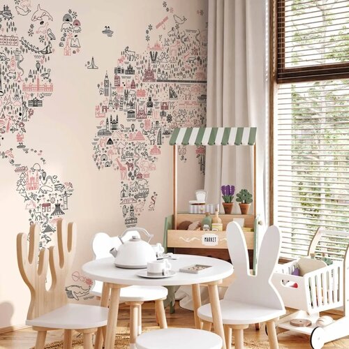  Foto tapeta - Map With Icons - Cartoon Representation of the World in Pastel Colours 392x280 Samoljepljiva Slike