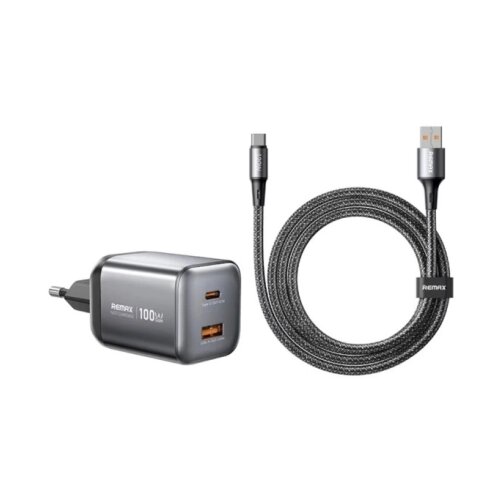 Remax SET:Strujni punjac Wisdom GaN 1XUSB 3.0+TIP C 100W+kabl TIP C CA15, crni Slike