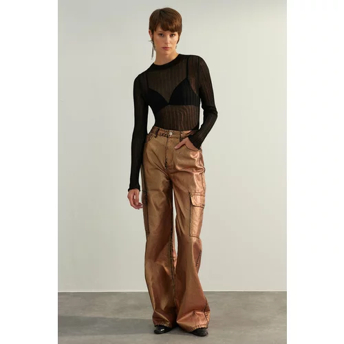 Trendyol Limited Edition Bronze Wide Leg Shiny Printed Jeans