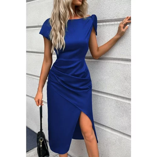 Fenzy Elegantna Midi Obleka Z Nabranimi Detajli, Kraljevsko Modra