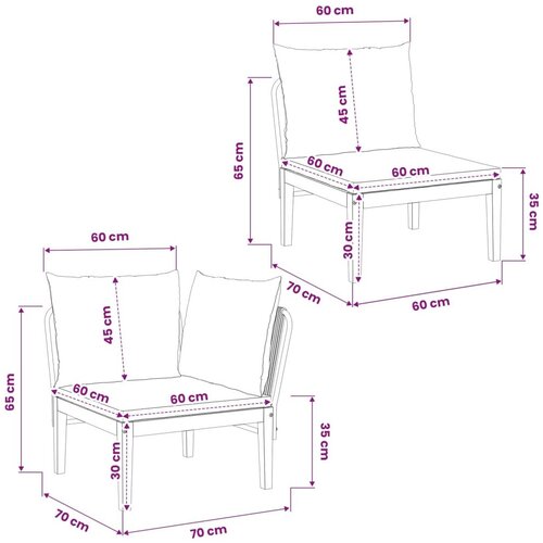  2 kom. Vrtni Lounge Set s Jastučićima Prirodna - Crna i krem bijela Kutna sofa + srednja sofa Slike