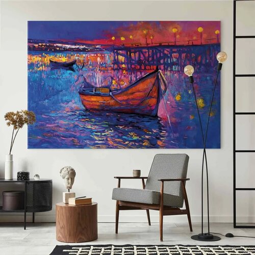  XXL slika - Modern impressionism - night landscape of a lake with a floating boat 130x87 Slike