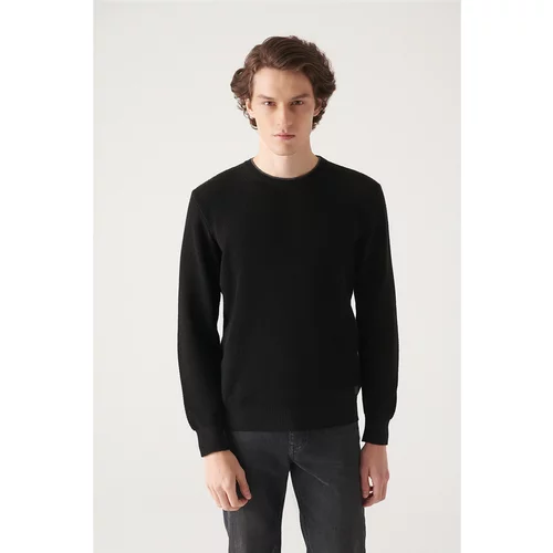 Avva Men's Black Double Collar Detailed Textured Cotton Standard Fit Regular Cut Knitwear Sweater