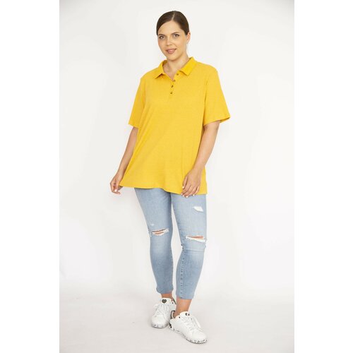Şans Women's Mustard Plus Size Polo Neck Front Pat Buttoned Camisole Fabric Short Sleeve Blouse Slike