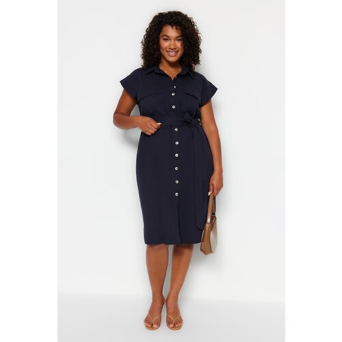 Trendyol Curve Navy Blue Belted Woven Shirt Dress Slike