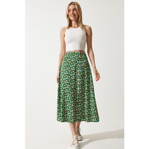 women's Green Orange Floral Slit Summer Viscose Skirt Slike