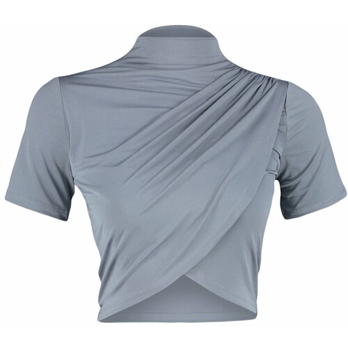 Trendyol Gray High Neck Short Sleeve Draped Crop Blouse Knitted Blouse Slike