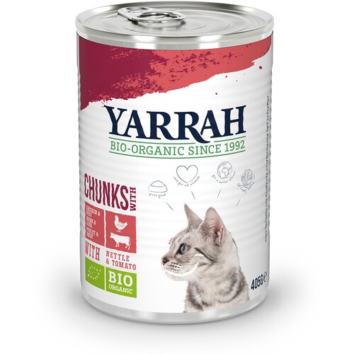 Yarrah 24 x 405 g Bio ko&amp;scaron;čki v ugodnem varčnem pakiranju - Bio pi&amp;scaron;čanec &amp;amp; bio govedina z bio koprivami &amp;amp; bio paradižnikom v omaki Slike