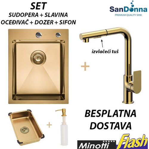  Zlatna INOX Sudopera sa slavinom izvlačeći tu&scaron; (SET) - SanDonna - HD4050R Cene