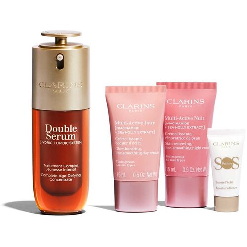 Clarins Double Serum & Multi-Active Collection set: serum za obraz Double Serum 50 ml + dnevna krema za obraz Multi-Active Jour 15 ml + nočna krema za obraz Multi-Active Nuit 15 ml + podlaga za ličila SOS Primer 5 ml + rdeča kozmetična torbica za ženske Cene