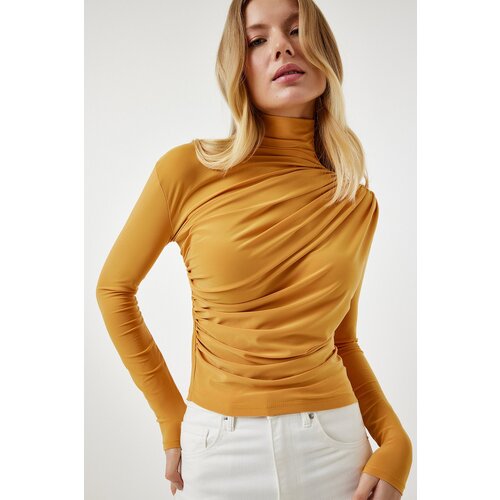  Women's Mustard Gathered Detailed High Neck Sandy Blouse Cijene