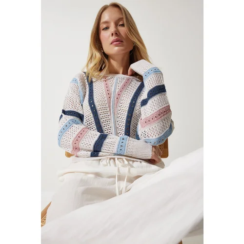  Women's Cream Stripe Detailed Openwork Seasonal Knitwear Sweater