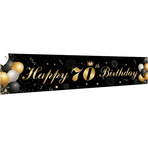 NIKCORP Velik transparent girlanda za 70. rojstni dan | Viseča dekoracija za zabavo črno-zlata 180x40 cm | Okras za jubilej, (5000298772) Slike