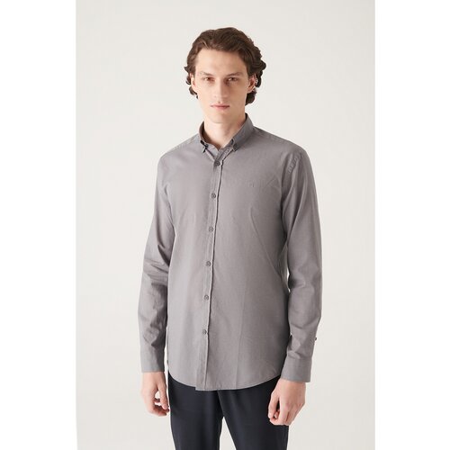 Avva Men's Anthracite 100% Cotton Thin Soft Touch Buttoned Collar Long Sleeve Standard Fit Normal Cut Shirt Cene