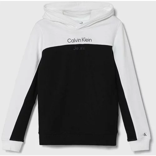 Calvin Klein Jeans Otroški bombažen pulover črna barva, s kapuco