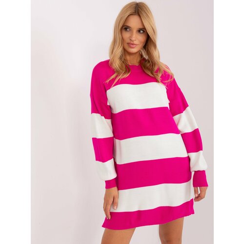 Fashion Hunters Fuchsia and ecru loose, striped knitted sweater Slike