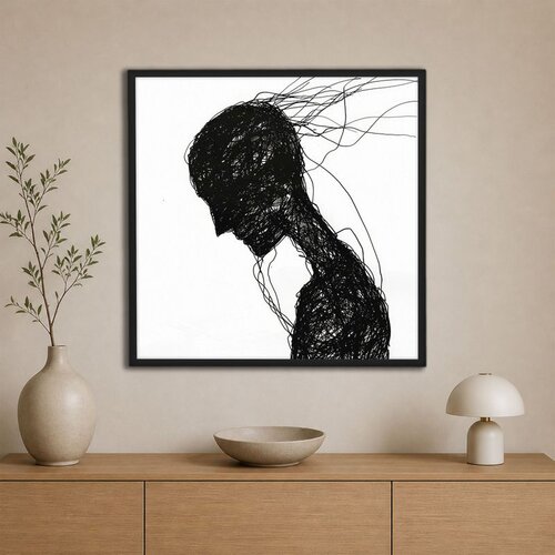 Wallxpert uramljena slika na platnu Cc-K-Sy-1026, crna silueta pognute figure od linija na beloj pozadini, 60 x 60 cm Slike