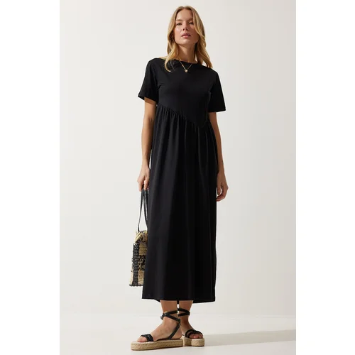  Women's Black Gathered Long Knitted Dress