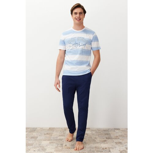 Trendyol Men&amp;#039;s Blue Regular Fit Striped Knitted Pajama Set Slike