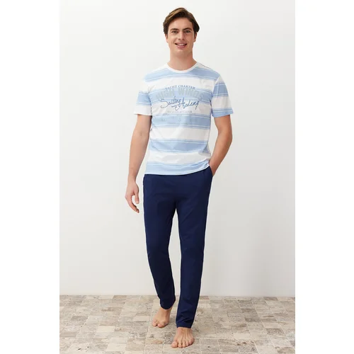 Trendyol Men's Blue Regular Fit Striped Knitted Pajama Set