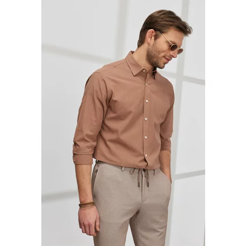 AC&Co / Altınyıldız Classics Men's Brown Comfort Fit Comfy Cut Concealed Button Collar 100% Cotton Flamed Shirt