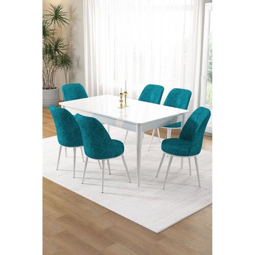 Hanah home trpezarijski set Pir, sto i 6 stolica, bela ploča, tirkizna tkanina Babyface Cene